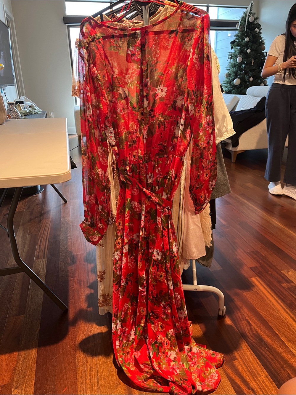 Red Floral Tie-Waist Maxi Dress with Sheer Long Sleeves